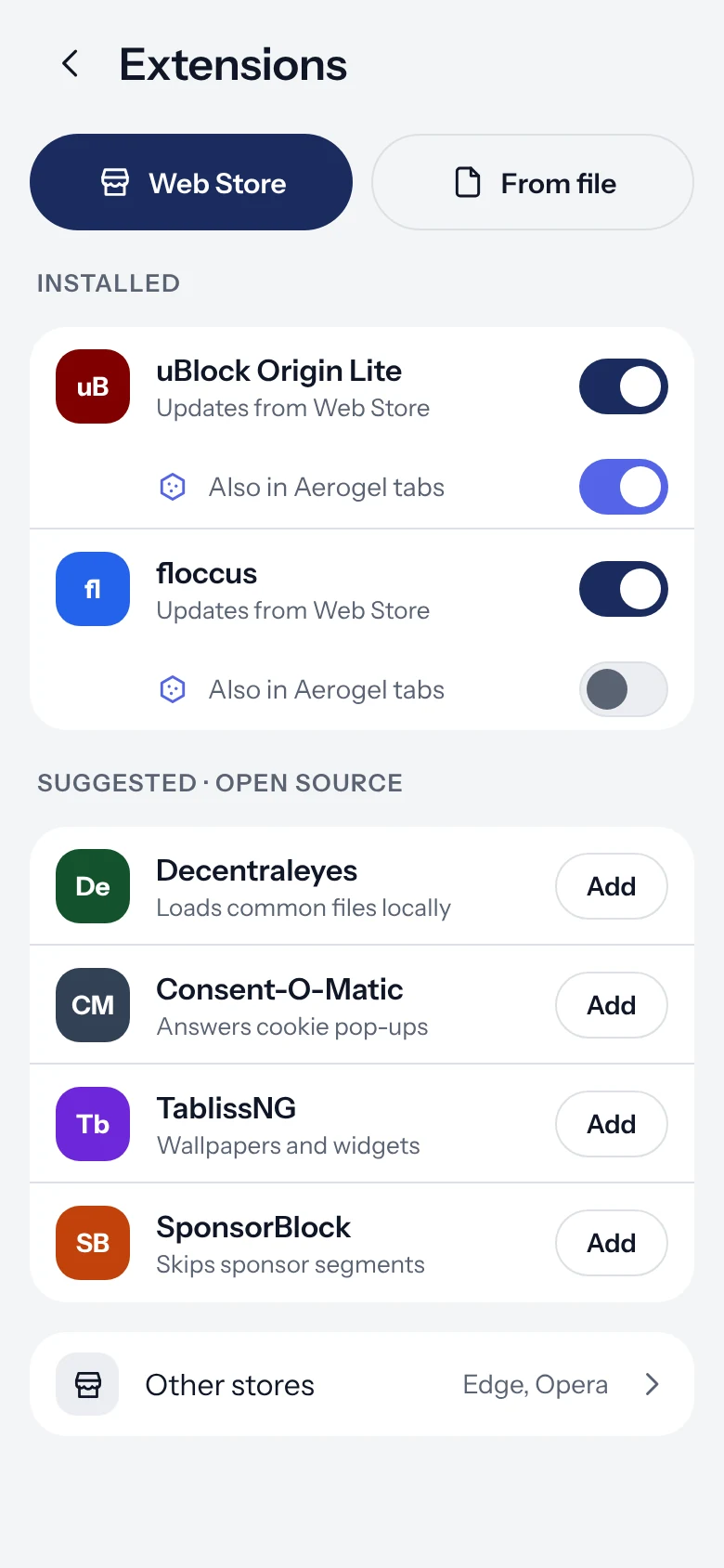 Aerium extensions screen with uBlock Origin Lite and floccus installed and open source suggestions