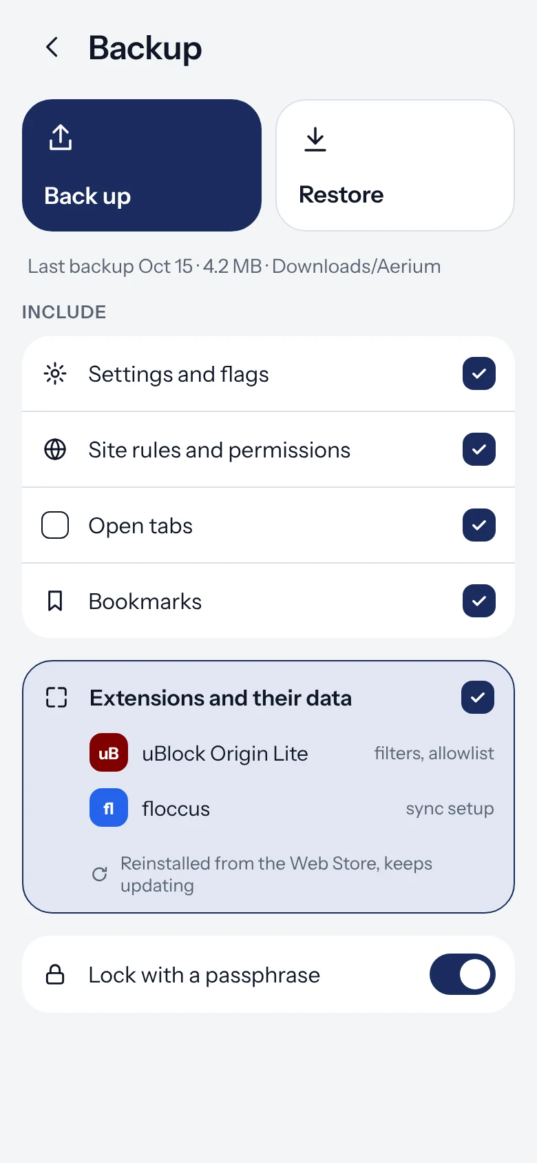 Aerium backup and restore with settings, site rules, tabs, bookmarks and extensions